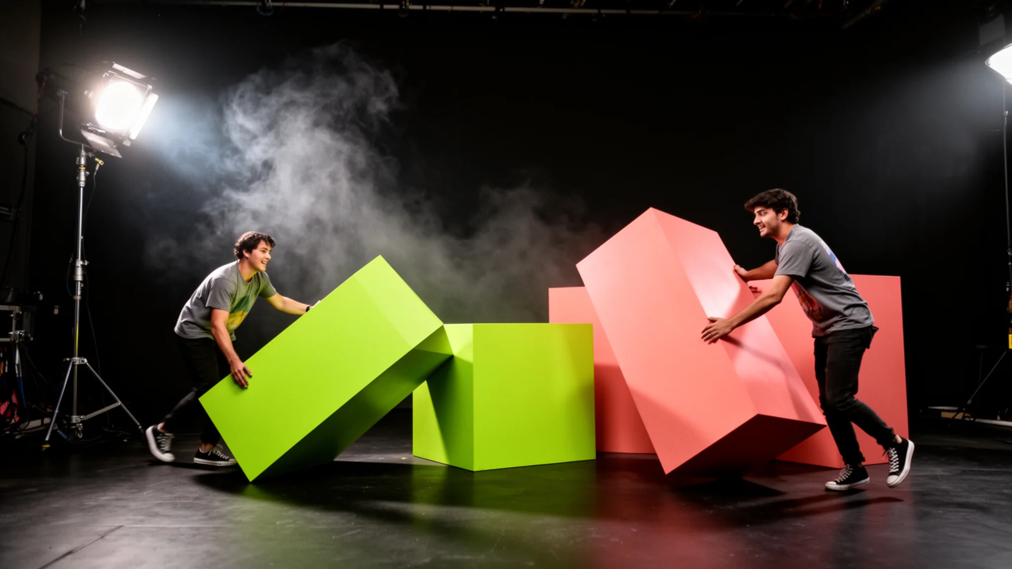 A campaign team moves lime and coral studio modules before a launch.