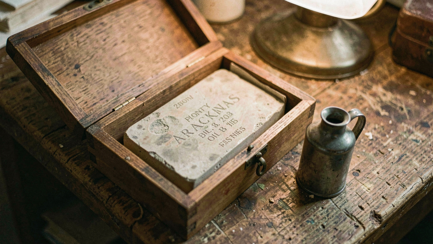 A pale Arkansas oilstone sitting in its lidded wooden box on a bench with a small oil can beside it, the surface of the stone marked with years of use, warm lamp light, close view from above.