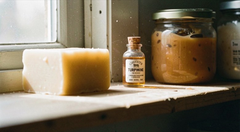 A pale block of beeswax and a small bottle of turpentine on a wooden shelf beside a jam jar, dust visible in a shaft of window light, close view.