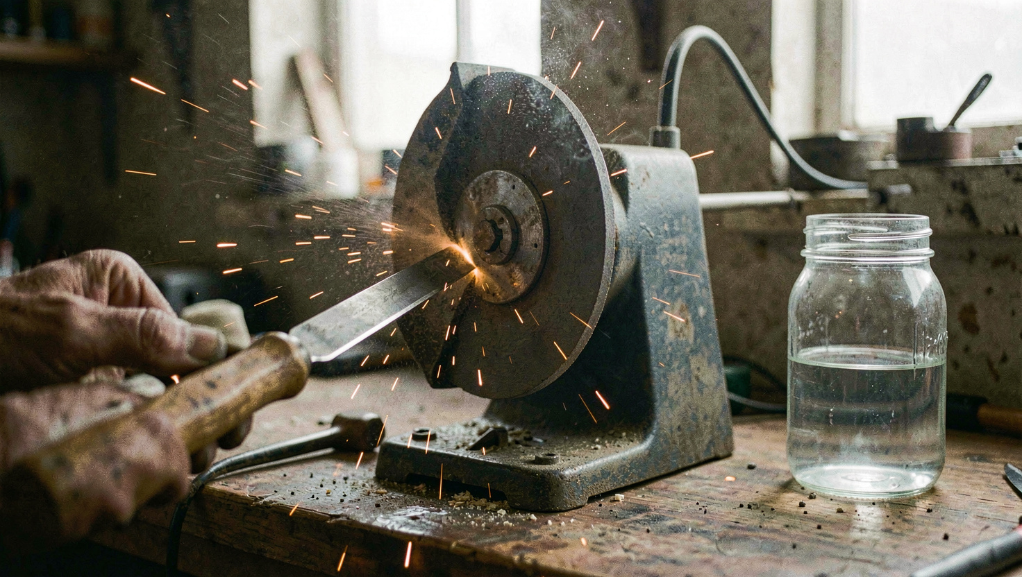 A chisel held against the wheel of a bench grinder with a fine spray of sparks and a jar of water on the bench beside it, dim workshop, close view from the side.