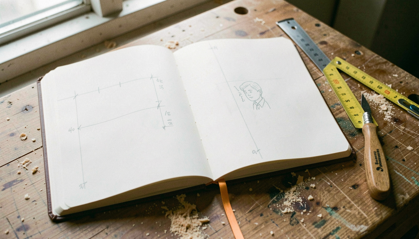 An open hardback notebook with pencilled measurements and a small sketch on the page, lying on a workbench beside a folding rule and a carpenter pencil, sawdust in the creases, soft window light, close view from above.