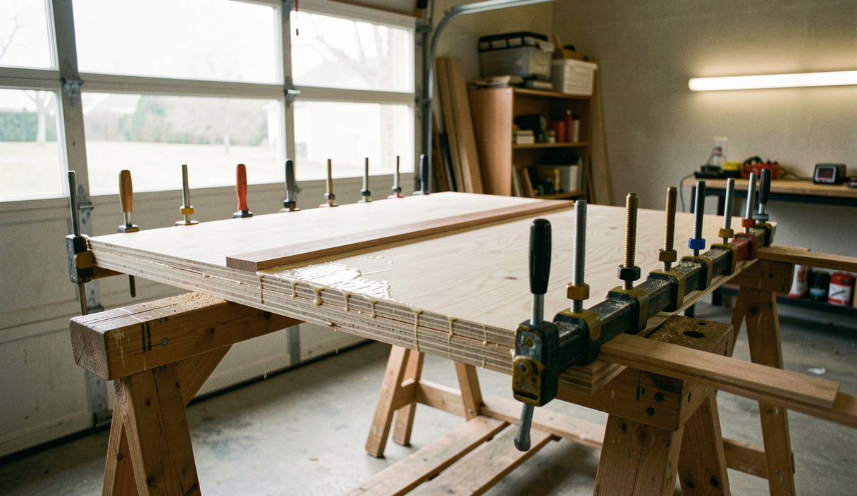 Two sheets of birch plywood clamped face to face on trestles with glue squeezing out along the edge and a row of clamps down each side, a hardwood edging strip lying ready, garage striplight, three quarter view.