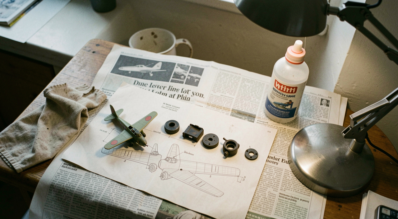 A small block plane taken apart on a sheet of clean newspaper with the body, iron, lever cap, adjuster and mouth plate laid in a row, a rag and a bottle of white spirit beside them, bench lamp light, view from above.