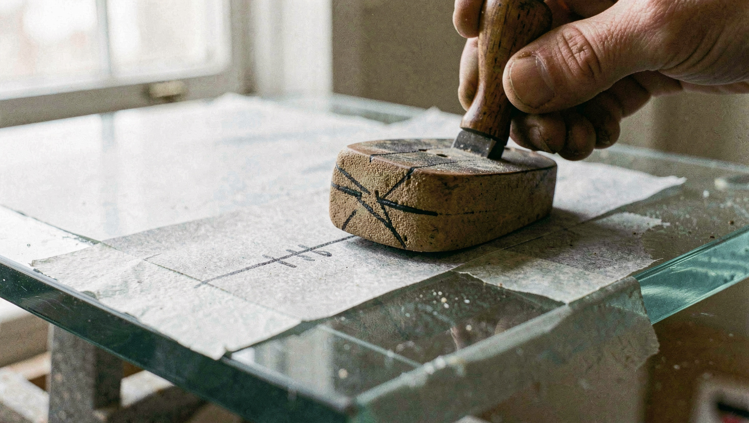 The sole of a small block plane being rubbed along a sheet of grey abrasive paper taped to a thick piece of glass, black marker lines partly worn away on the sole, north light from a window, close view.