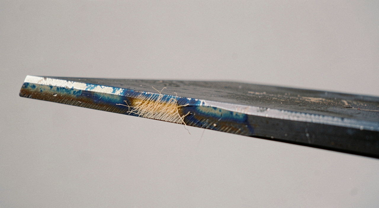 The last few millimetres of a chisel edge showing a band of straw and blue discolouration in the steel, held in front of a plain background under hard light, very close view.