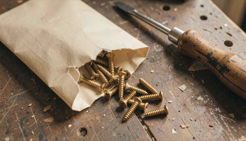 A torn paper envelope spilling slotted brass screws onto a workbench next to a screwdriver with a worn wooden handle, warm light, close view from above.