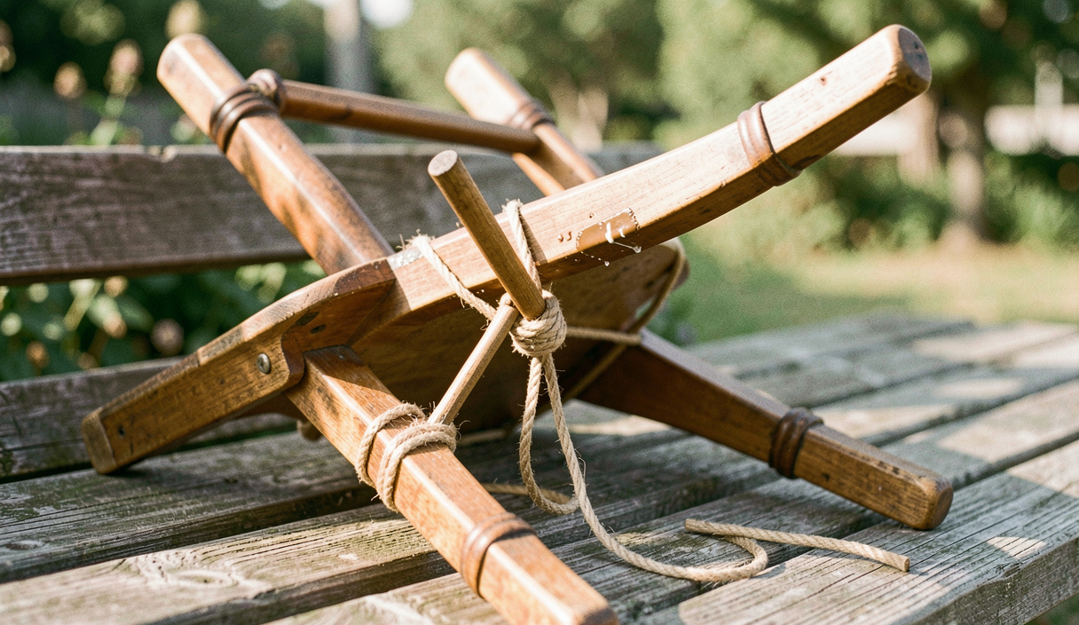 A reassembled wooden chair upside down on a bench with a loop of cord wound round its legs and twisted tight with a short stick, glue visible at one joint, warm afternoon light, three quarter view.