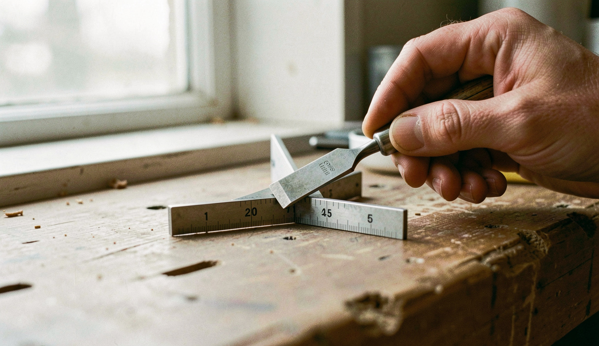 A hand holding a chisel bevel against a small metal angle gauge on a bench, the twenty five degree mark visible, daylight from a window, close view.