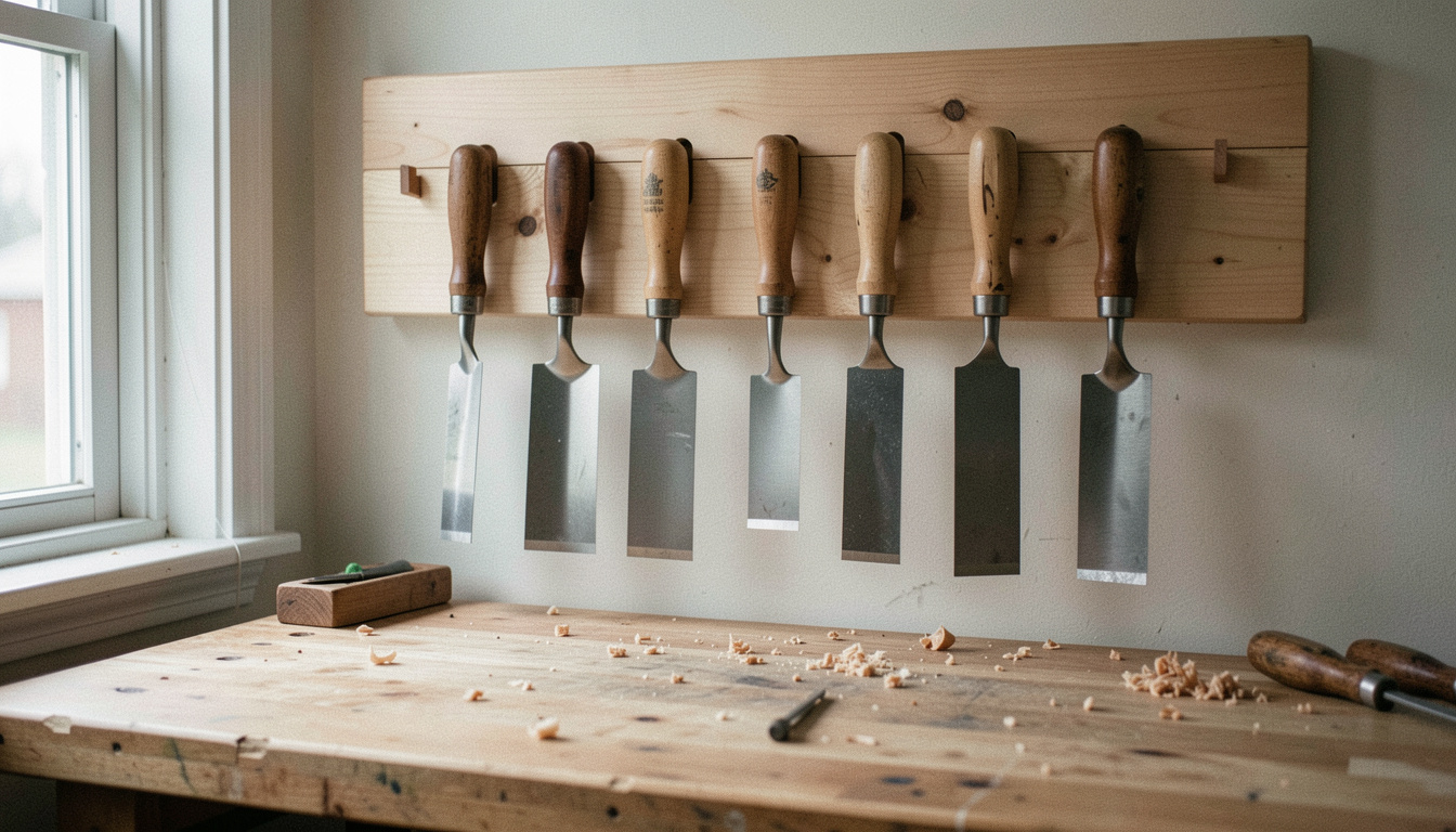 A softwood wall rack above a workbench holding six bevel edge chisels hanging handle up in cut slots, their edges clear of the wall, window light from the left, straight on view.