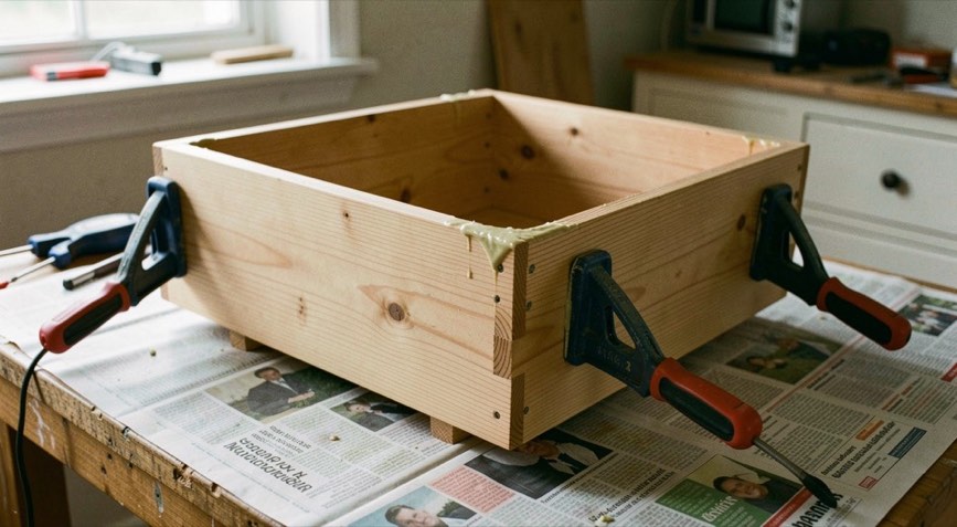 A pine drawer held in three sash clamps with glue squeezing from the corner joints, standing on a bench covered in newspaper, daylight, three quarter view.