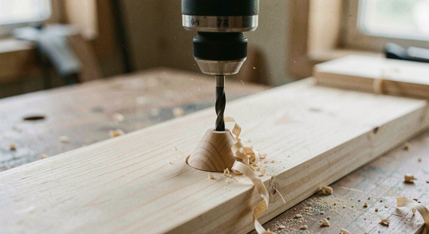 A rose countersink bit cutting a shallow cone in a pine board with a fine curl of shaving lifting from it, drill chuck visible above, bench light from one side, close view.