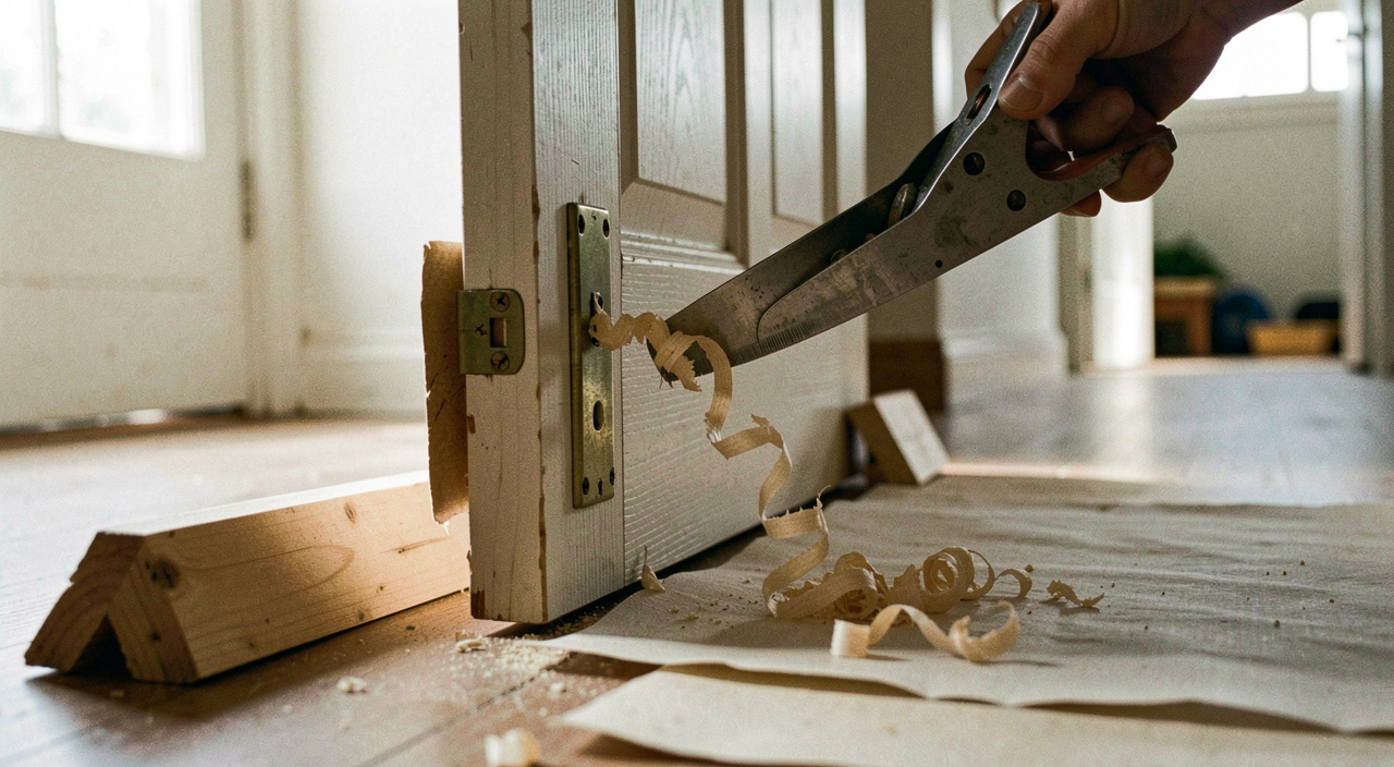 An interior door lying on edge between two wedges on a hallway floor with a hand plane taking a long shaving from the latch edge, shavings curling onto a dust sheet, afternoon light from a window.