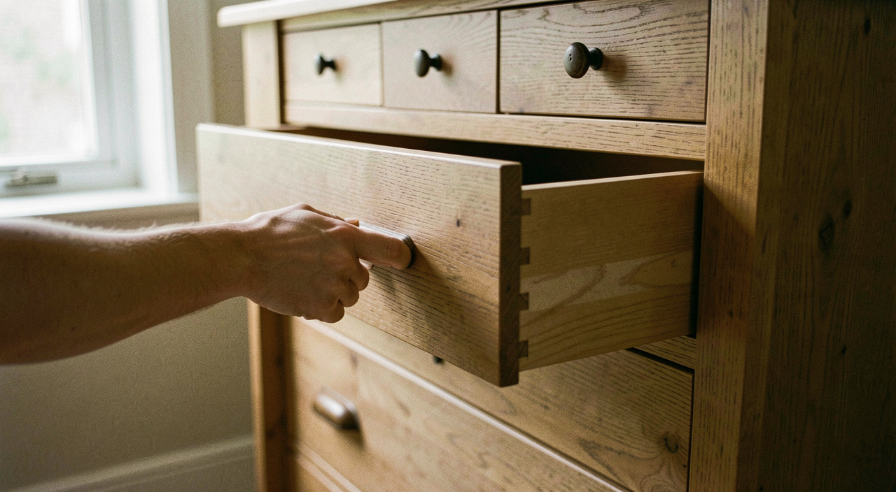 A hand pushing a wooden drawer smoothly into an oak chest of drawers with the drawer front still standing proud of the carcase, other drawers closed above and below, daylight from a window on the left, three quarter view.