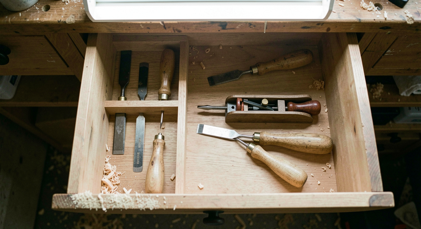 An open workbench drawer holding a removable softwood tray with chisels and a marking gauge lying in separate slots, sawdust on the drawer edge, striplight from above, view from directly overhead.