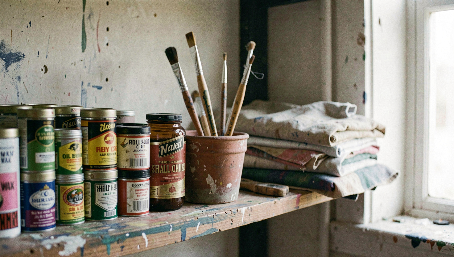 A painted workshop shelf holding tins of oil and wax, a jar of shellac, three brushes standing in a pot and a stack of folded rags, soft window light from the right, close view.