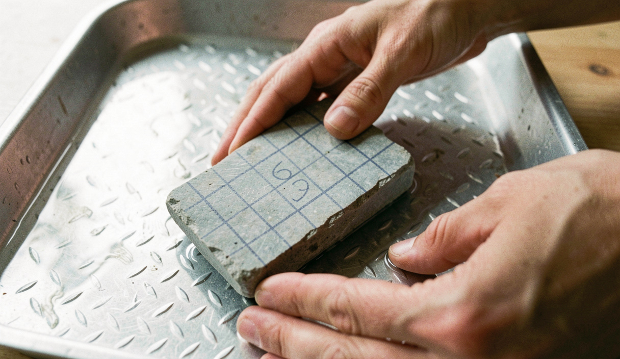 A grey water stone marked with a pencil grid resting on a diamond plate in a shallow tray of water, a hand steadying it, bright window light, close view from above.