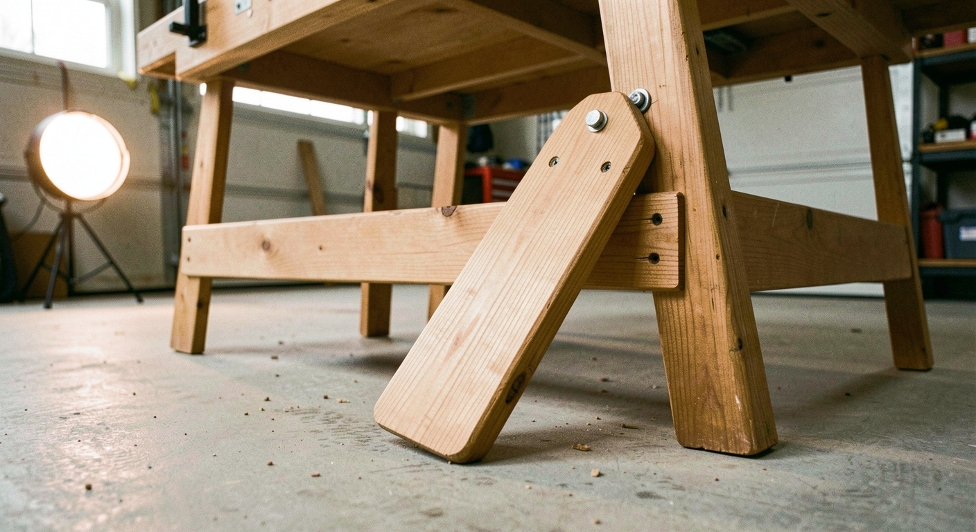 A close view of a hinged workbench leaf with a pivoting timber leg and a barrel bolt holding it upright, seen from below against the concrete garage floor, worklight from one side.