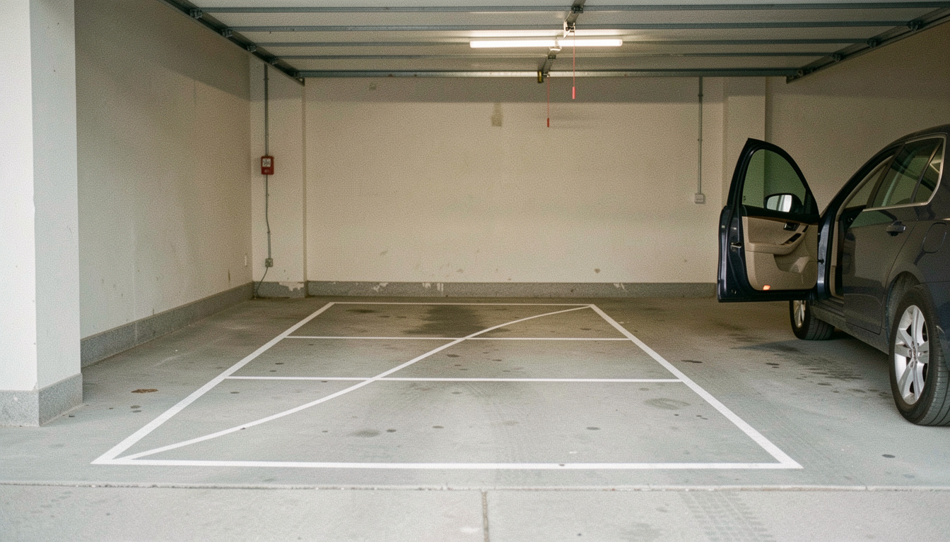 A concrete garage floor with chalk lines marking a rectangle against the end wall and the arc of an open car door drawn beside it, the rear of a car visible at the edge of frame, striplight overhead, wide view.