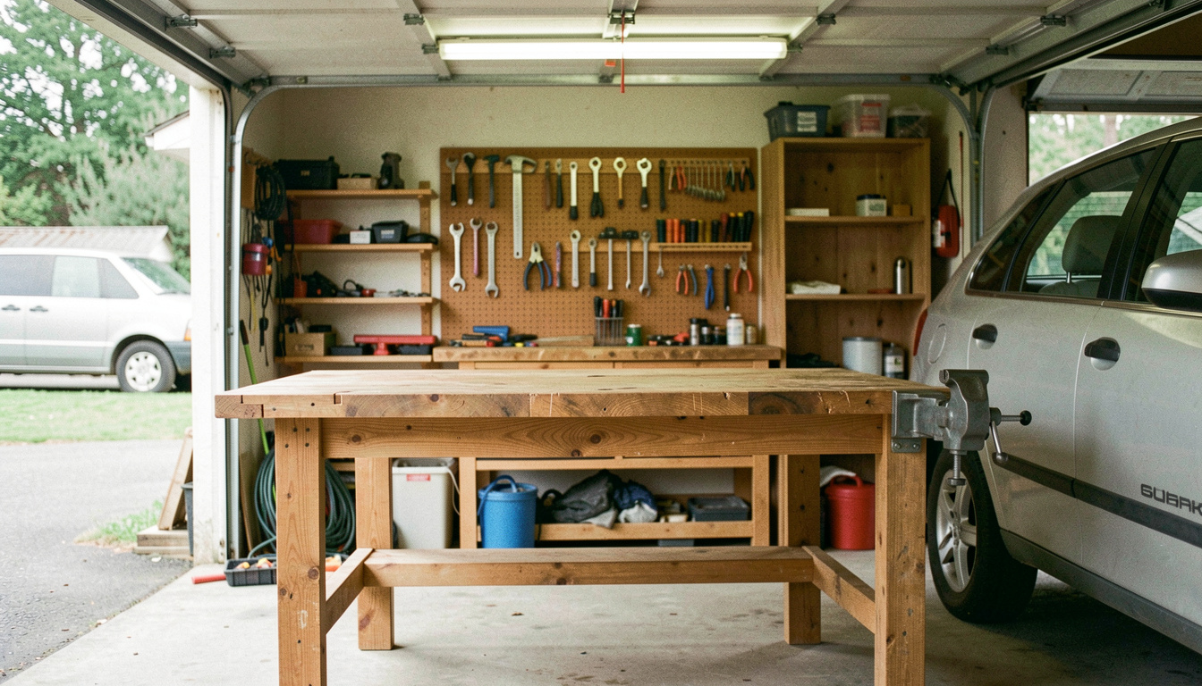 A sturdy timber workbench with a metal vice bolted to one end and hand tools hanging on a pegboard behind it, in a domestic garage beside a parked car, striplight overhead, wide view.