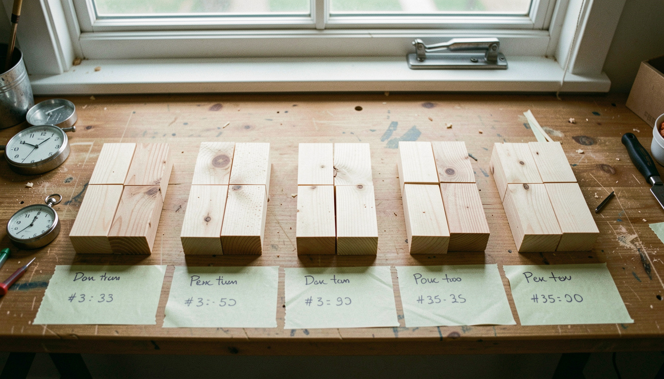 Six short pine offcuts glued in pairs and laid out in a row on a bench with a stopwatch and pencilled times written on masking tape beside each pair, north light from a window, view from above.