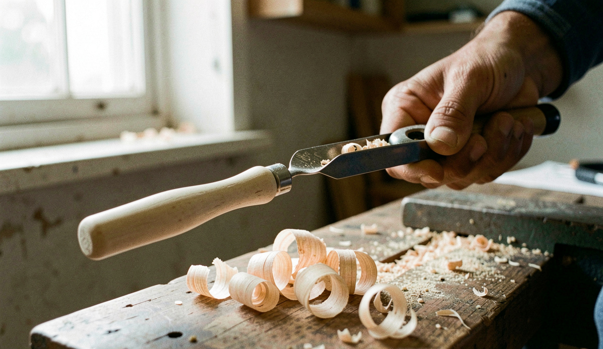 A new pale ash hammer handle held in a vice with a spokeshave taking a fine shaving from its tongue, curls of ash on the bench below, side light from a window, close view.