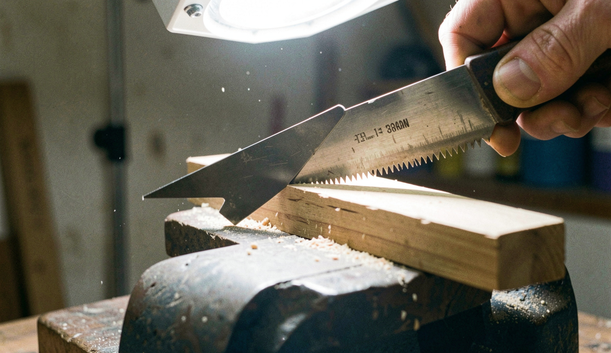 A hand saw clamped between two boards in a vice while a triangular file is worked across the teeth, bright task light from above, close view along the tooth line.
