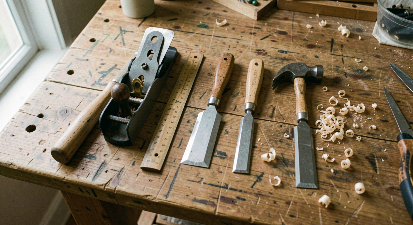 A smoothing plane, a claw hammer, a folding rule and three chisels laid in a row across a scarred timber bench top, shavings pushed to one side, morning light from a window at the left, view from above.