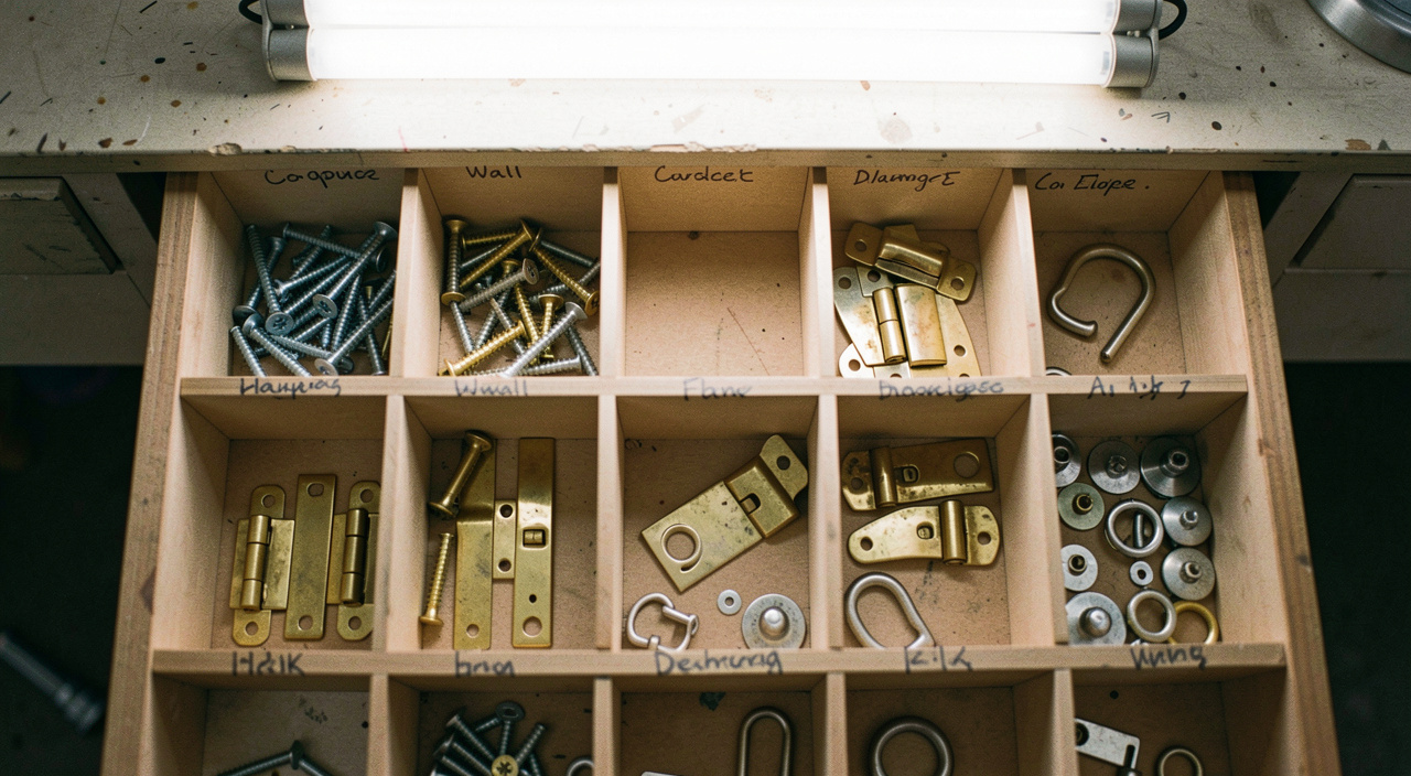 A shallow workshop drawer divided into compartments holding screws, wall plugs, brass hinges and small catches, each compartment labelled in pencil, striplight from above, view from directly overhead.
