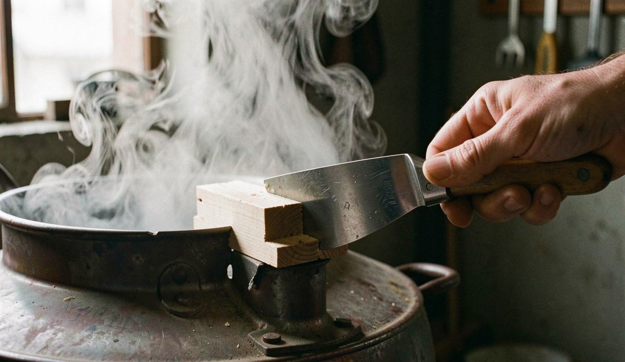 A wooden joint held over the spout of a steaming kettle with a putty knife easing the two halves apart, steam curling in the light, close view against a dark workshop background.