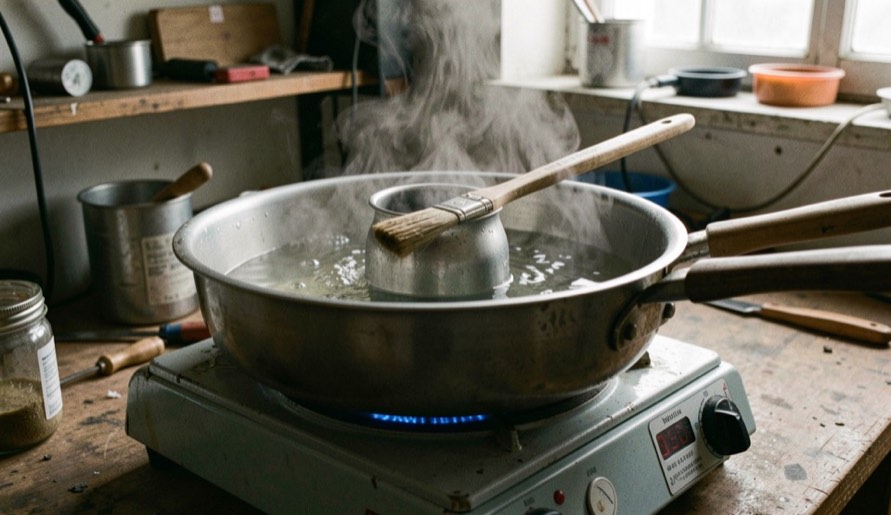 A small metal glue pot sitting in a pan of hot water on a workshop hotplate, steam rising, a brush resting across the rim, dim workshop light, close view.