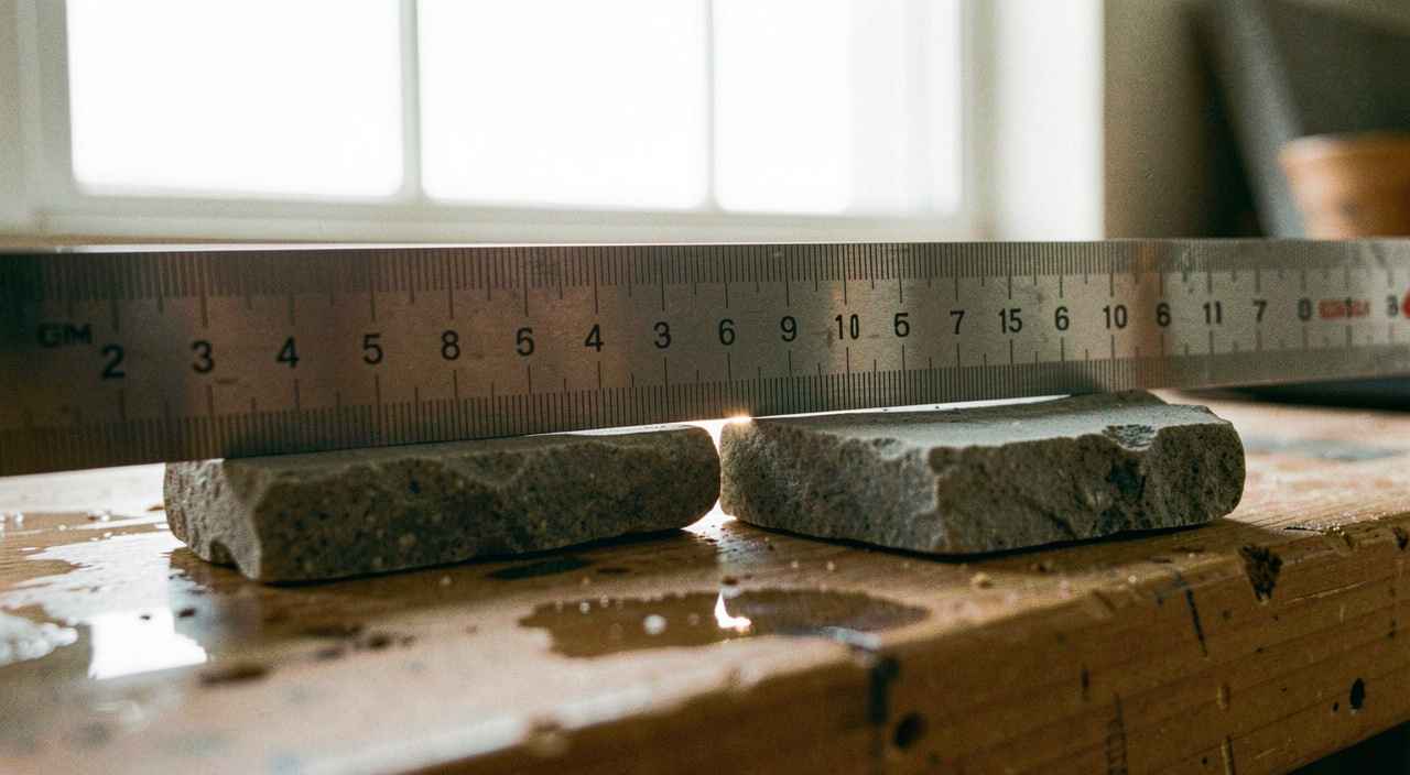 A steel rule stood on edge across a grey water stone with a clear gap of light visible under its middle, the stone lying on a wet bench, bright window light, close view at eye level.