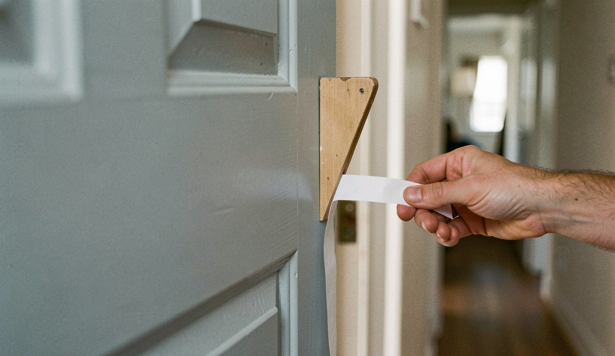 A painted interior door held open with a wedge while a hand runs a strip of paper along the gap at the hinge side, hallway daylight, close view of the door edge.