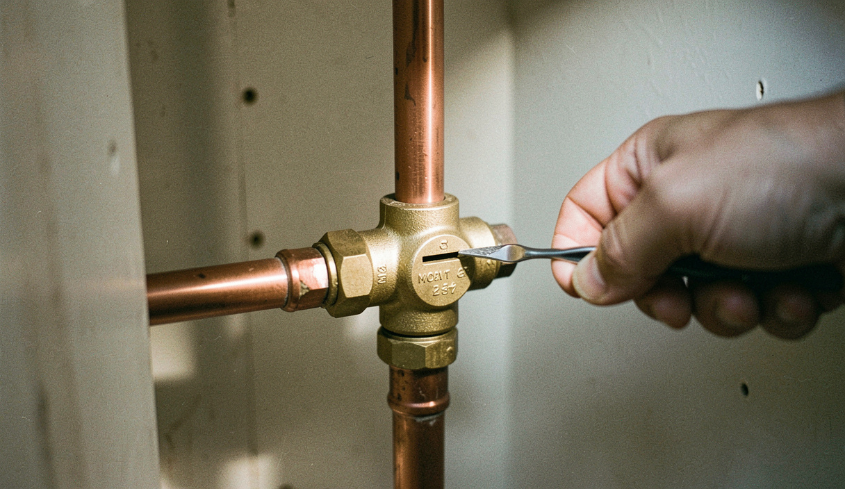 A brass isolating valve on a copper pipe inside a kitchen sink cupboard with a flat screwdriver turning the slot, torchlight from one side, close view.