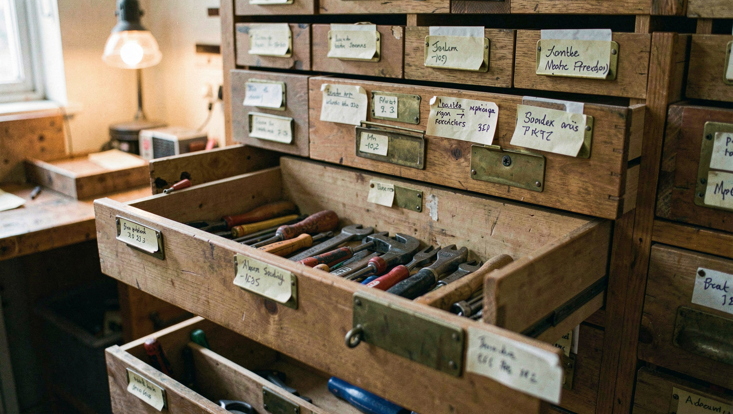 A bank of shallow wooden workshop drawers with handwritten paper labels slipped into brass card holders, one drawer pulled open to show sorted tools, warm lamp light from the left, straight on view.