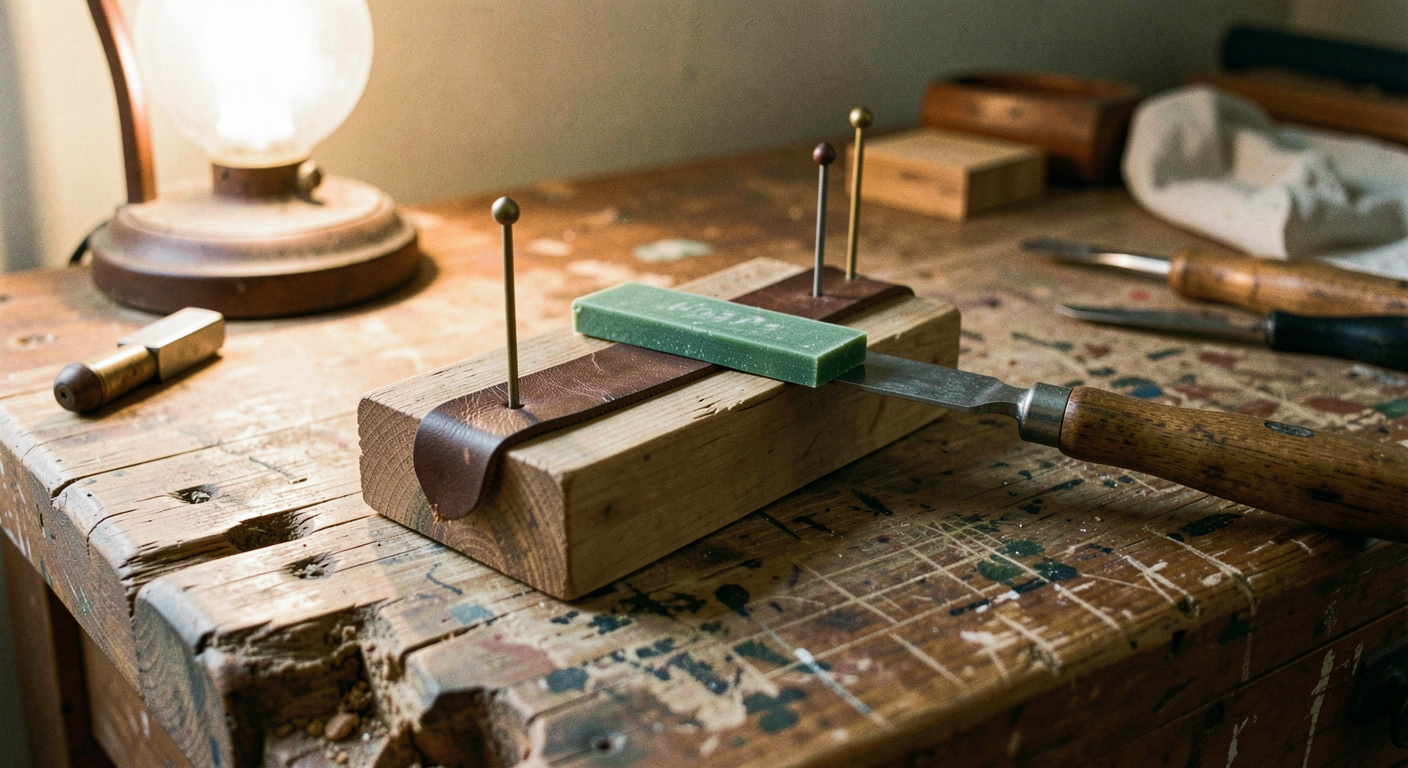 A leather strop nailed to a block of wood with a bar of green compound and a plane iron resting on it, on a bench top scarred with use, warm lamp light, close view.