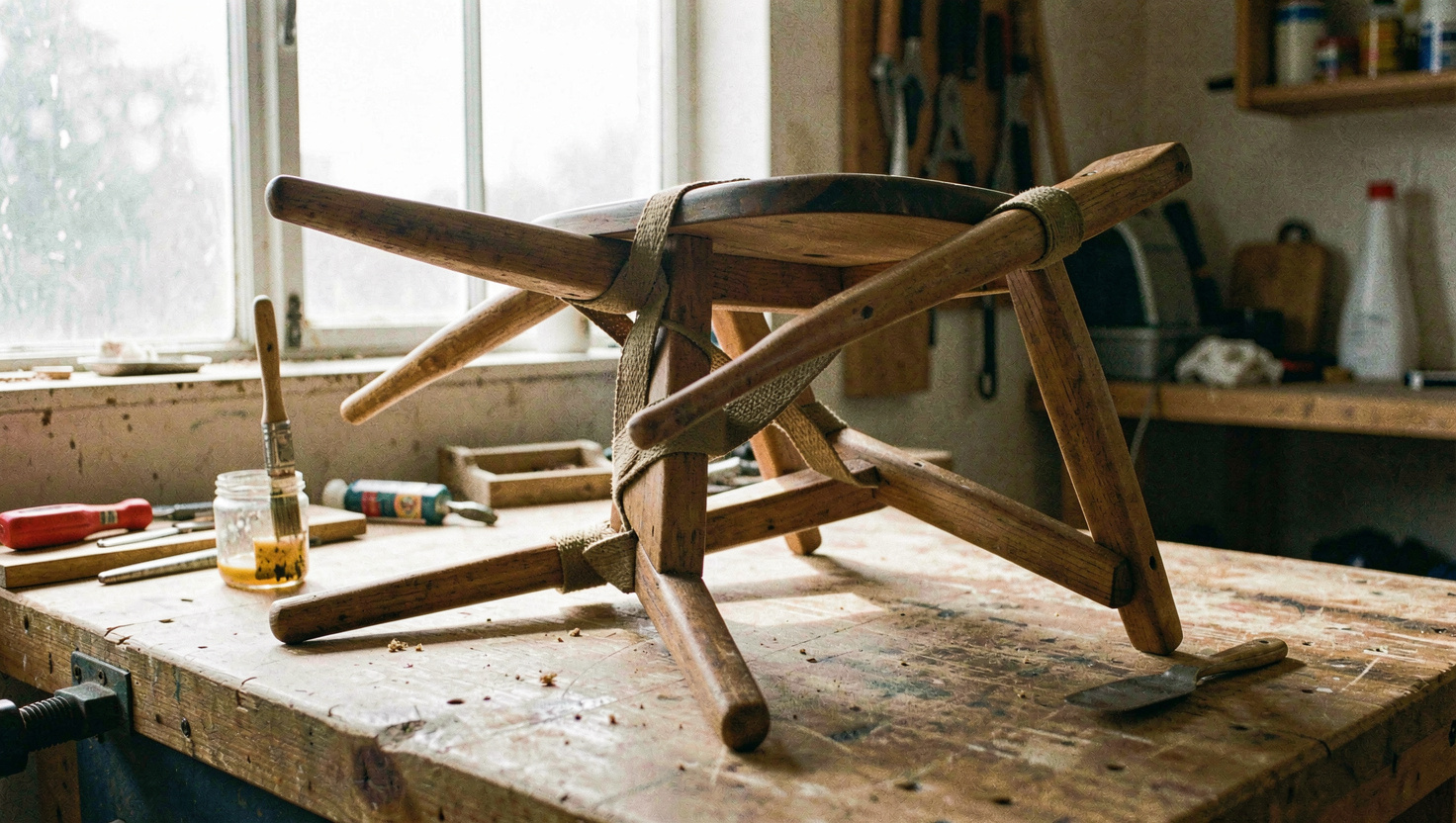 A wooden dining chair upside down on a workbench with a webbing clamp around its legs and a glue brush resting in a jar, warm afternoon light through a workshop window, three quarter view.