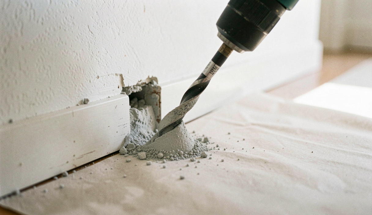 A masonry drill bit withdrawn from a freshly drilled hole in a wall with a small cone of pale grey dust on the skirting below, dust sheet on the floor, bright indoor light, close view.