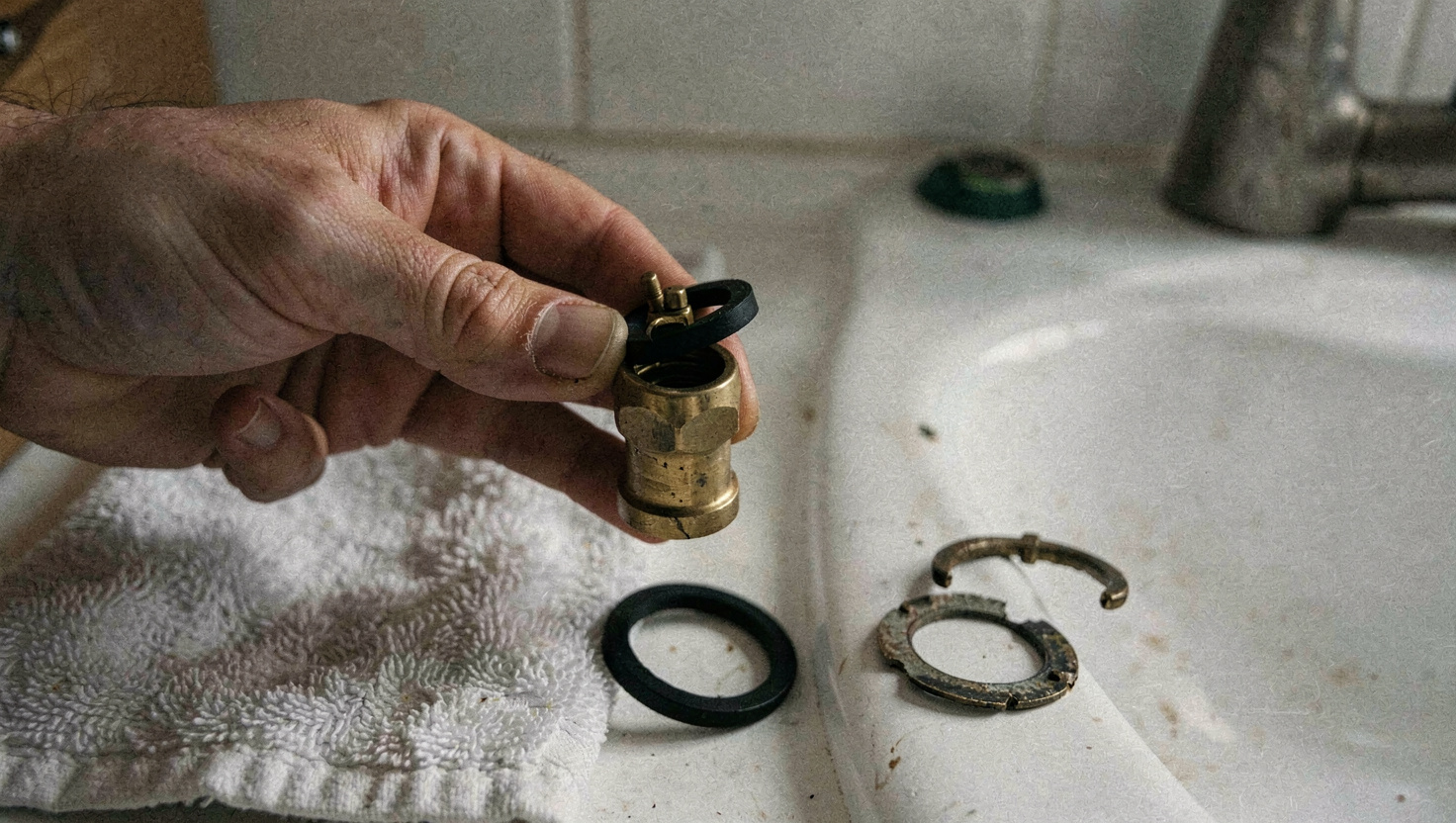 A brass tap headgear held in one hand with a new black rubber washer seated on its jumper, the old cracked washer lying on a folded towel beside a basin, close view under a downlight.