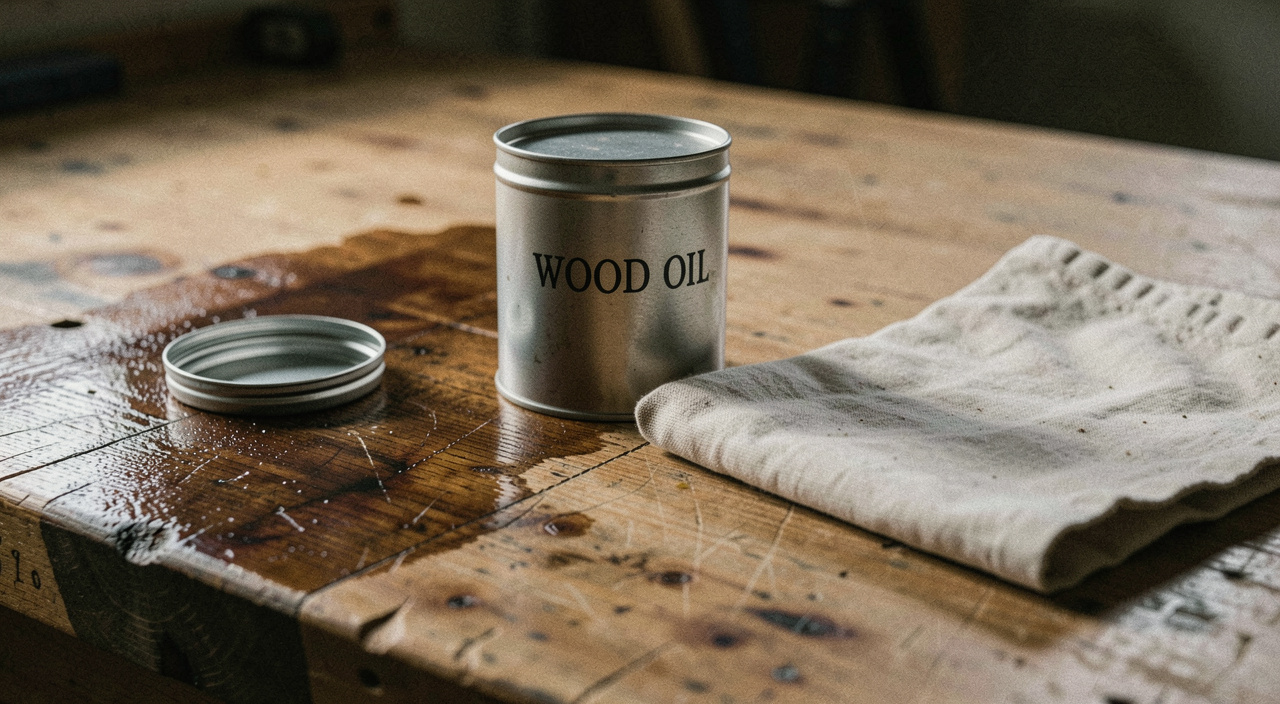 A tin of wood oil open beside a folded cotton rag on a half oiled oak worktop, the oiled half visibly darker, low side light raking across the grain, close view.