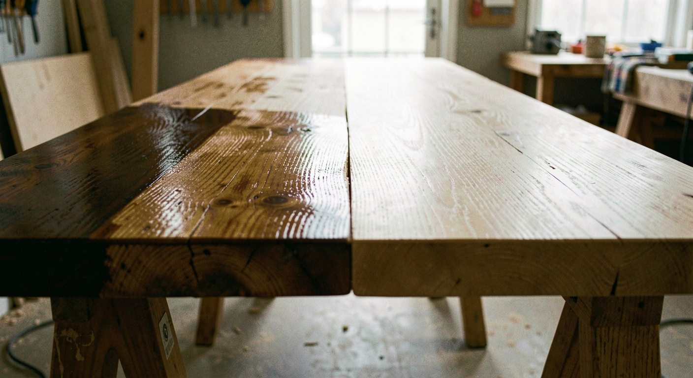 An oak worktop lying across two trestles with one half visibly darker and slightly glossy where oil has been applied, the join between treated and untreated wood running down the middle, low raking light, close view along the grain.