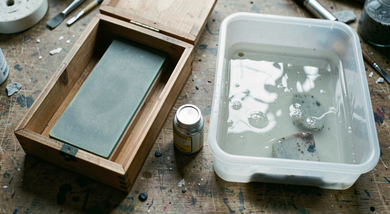 An oilstone in a wooden box and a soaking water stone in a plastic tray side by side on a workbench, a small oil can between them, cool north light, close view from above.