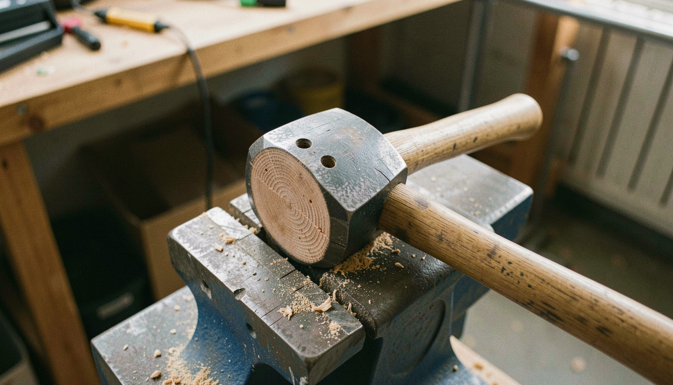A hammer head held in a vice with the stump of its old wooden handle sawn flush and three drilled holes in the end grain, sawdust on the vice jaws, workshop daylight, close view from above.
