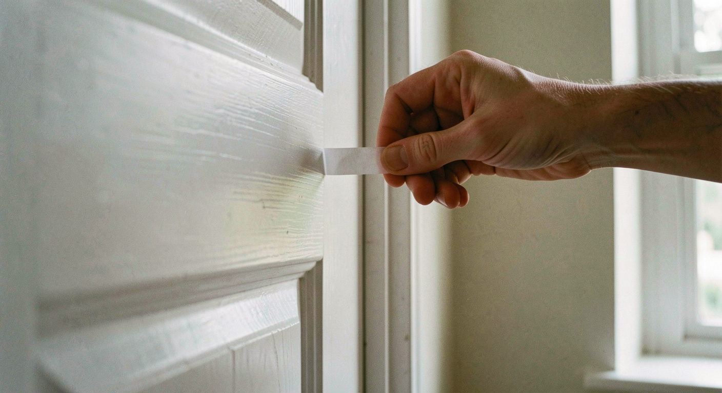 A hand pulling a narrow strip of paper from the gap between a closed white painted door and its frame near the top hinge, hallway daylight from a landing window, close view of the door edge.