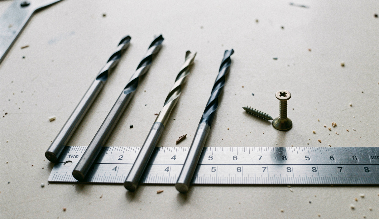 Three twist drill bits of different sizes laid in a row beside a single countersunk wood screw on a pale workbench, a steel rule underneath for scale, cool daylight from above, close view.