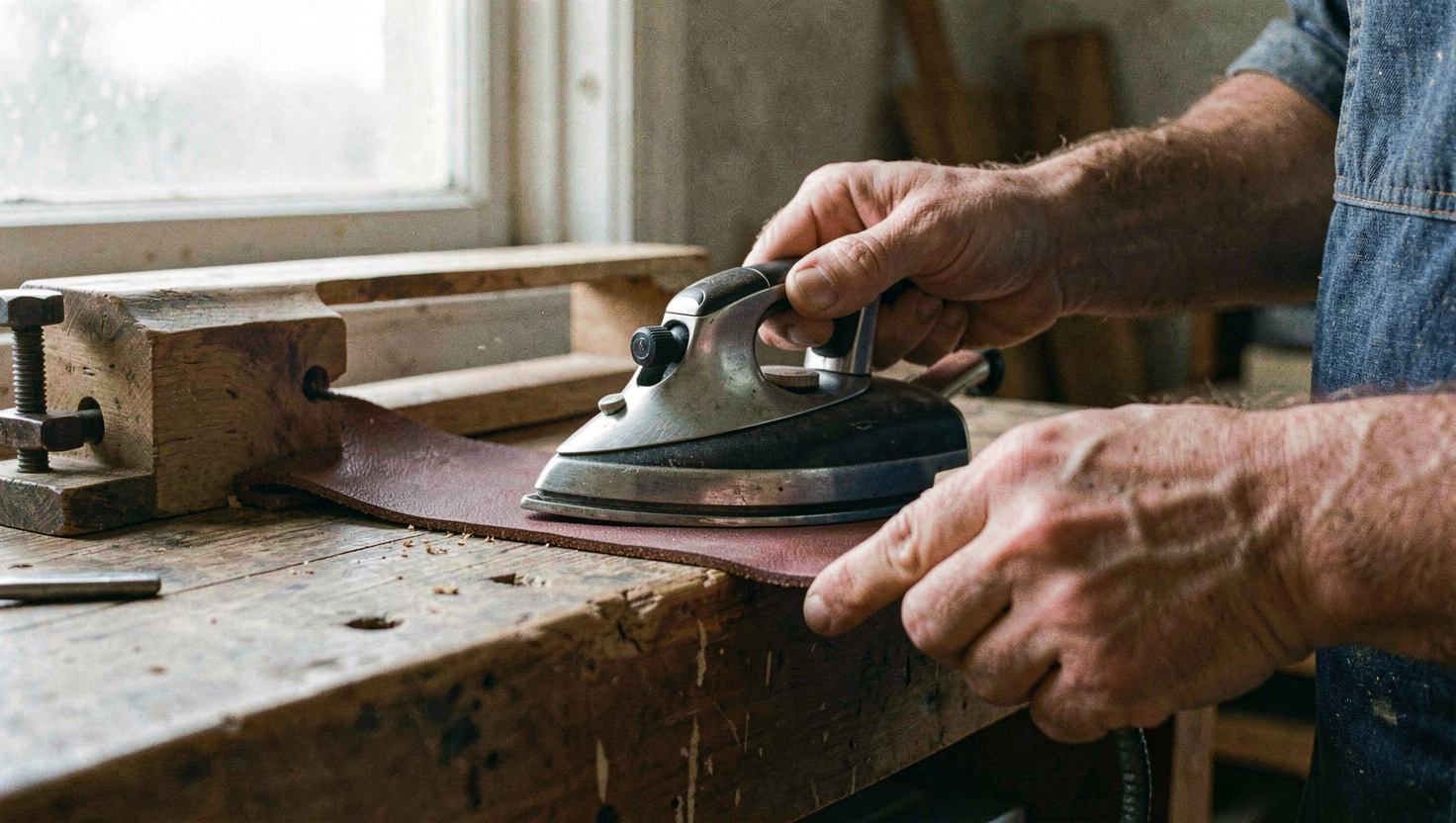 A plane iron held bevel down on a leather strop and being drawn backwards along it by two hands, the block clamped at one end of a workbench, side light from a window, close view.