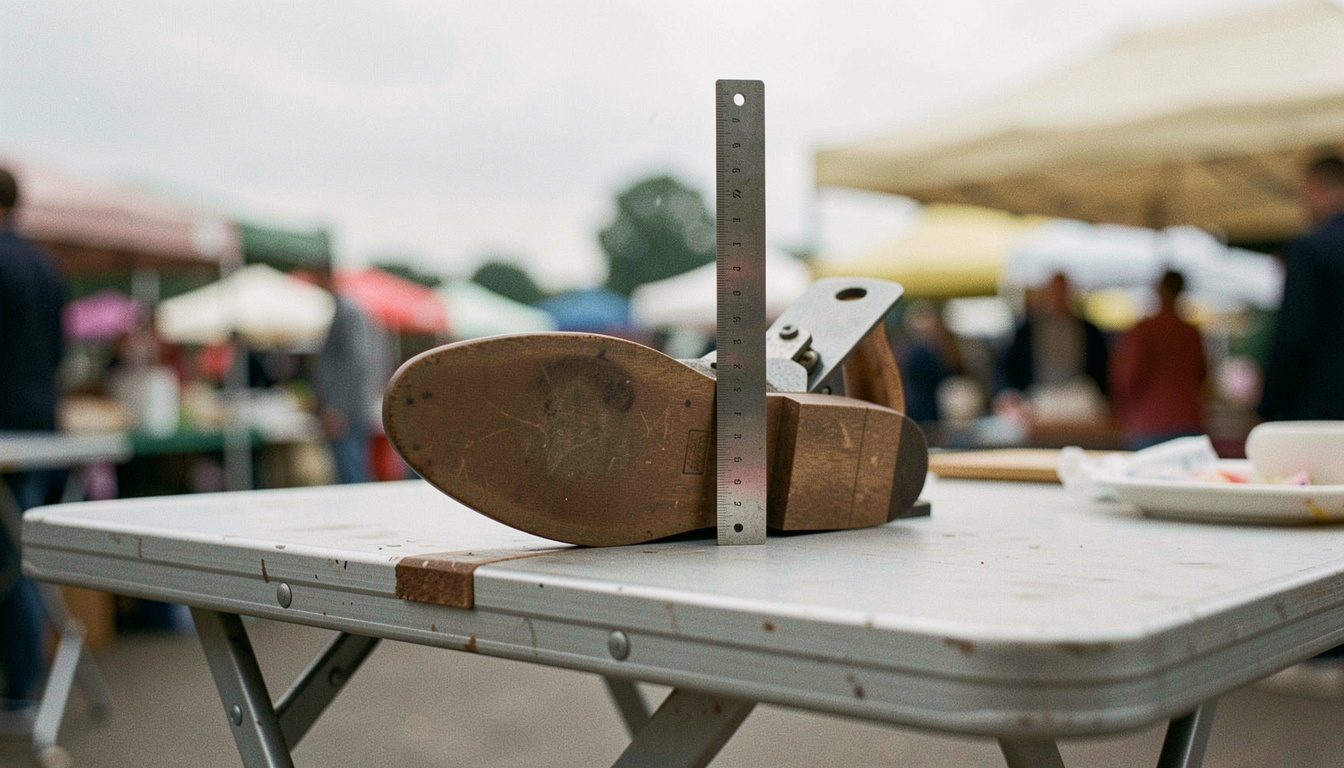 A short steel rule stood on edge across the sole of an upturned hand plane on a folding market table, a thin line of daylight visible under the rule near the toe, overcast light, close view.