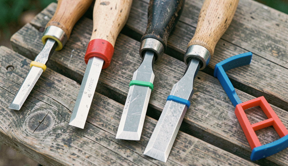 Four chisels lying on a bench with coloured plastic edge guards pushed onto three of them and one guard lying open beside its tool, cool daylight, close view from above.