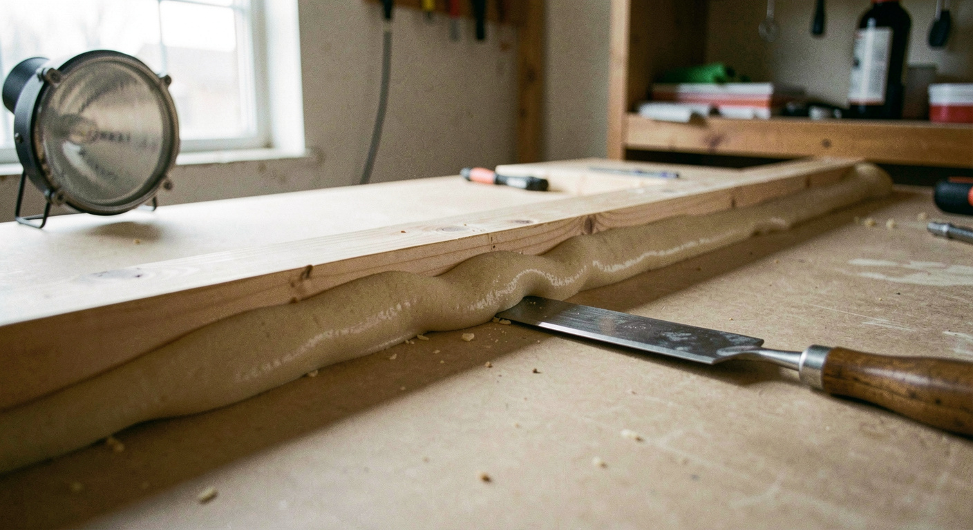 A clamped joint between a timber batten and a piece of board with pale brown polyurethane foam bulging out along the glue line, a chisel resting nearby, garage worklight, close view.