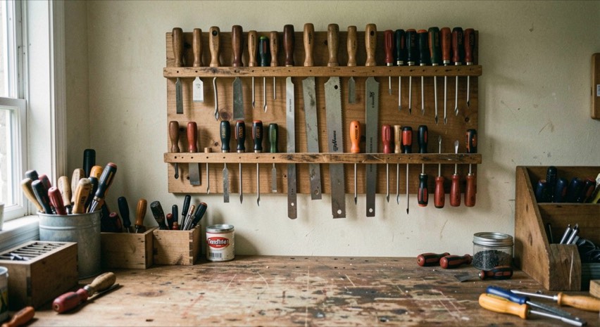 A wooden wall rack of chisels, saws and screwdrivers above a workbench in a home workshop, morning light from a side window, straight on view.