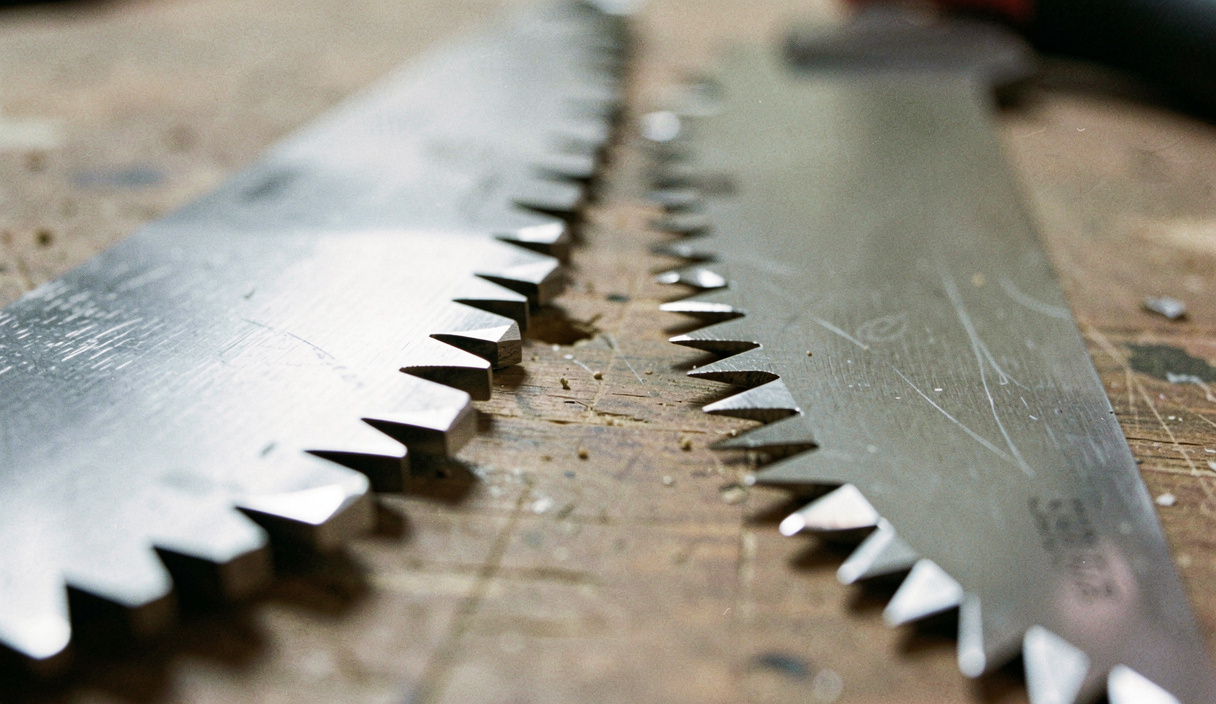 A very close view of the teeth of two hand saws laid side by side on a bench, one with square filed rip teeth and one with bevelled crosscut points, raking light picking out the shining facets.
